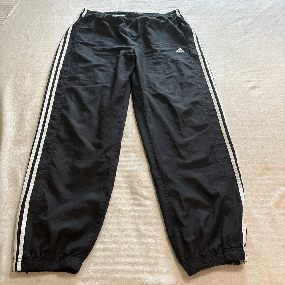 VTG Y2K Adidas Track Pant Joggers Men's Large Black White Side Stripe Ankle Zip